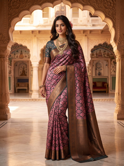 Magenta & Green Jacquard Woven Saree with Rich Copper Zari Border & Pallu
