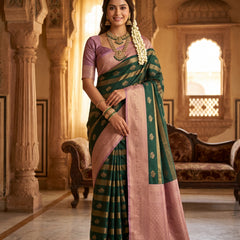 Bottle Green Art Silk Banarasi Saree with Dusty Pink Contrast Border & Blouse Piece