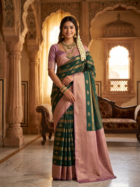 Bottle Green Art Silk Banarasi Saree with Dusty Pink Contrast Border & Blouse Piece