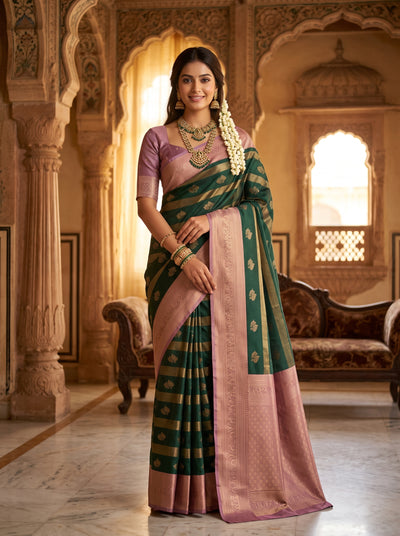 Bottle Green Art Silk Banarasi Saree with Dusty Pink Contrast Border & Blouse Piece