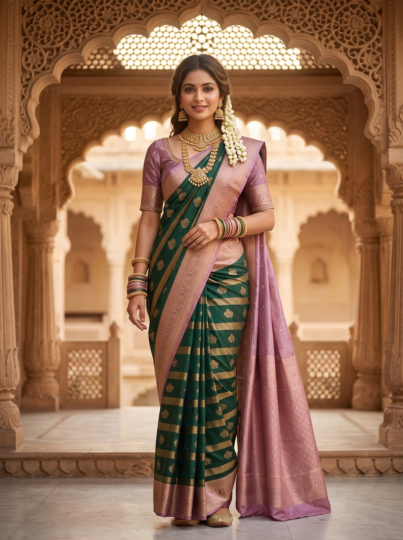 Bottle Green Art Silk Banarasi Saree with Dusty Pink Contrast Border & Blouse Piece