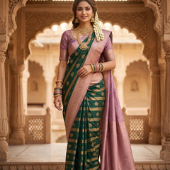 Bottle Green Art Silk Banarasi Saree with Dusty Pink Contrast Border & Blouse Piece