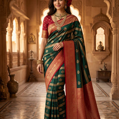 Regal Bottle Green & Crimson Red Striped Banarasi Silk Saree