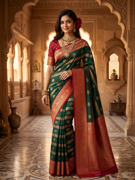 Regal Bottle Green & Crimson Red Striped Banarasi Silk Saree