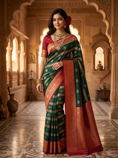 Regal Bottle Green & Crimson Red Striped Banarasi Silk Saree