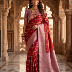 Regal Crimson Red & Dusty Lavender Striped Banarasi Silk Saree