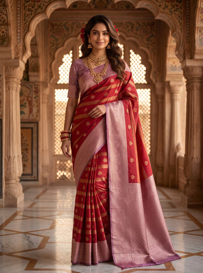 Regal Crimson Red & Dusty Lavender Striped Banarasi Silk Saree