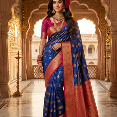 Regal Royal Blue & Rani Pink Striped Banarasi Silk Saree
