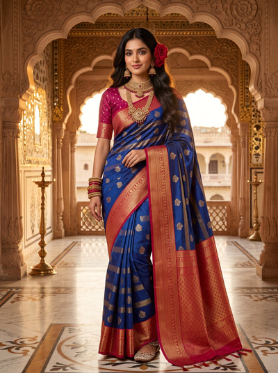 Regal Royal Blue & Rani Pink Striped Banarasi Silk Saree