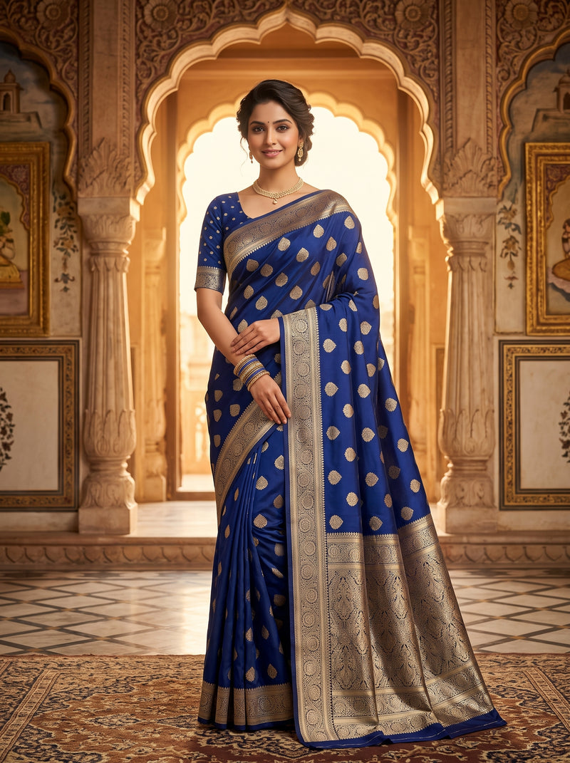 Royal Blue Banarasi Silk Saree with Golden Zari Butti Work, Traditional Woven Border & Rich Designer Pallu for Women