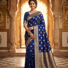 Royal Blue Banarasi Silk Saree with Golden Zari Butti Work, Traditional Woven Border & Rich Designer Pallu for Women