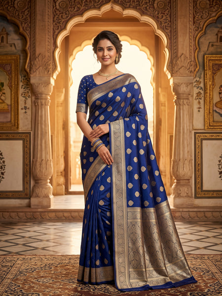 Royal Blue Banarasi Silk Saree with Golden Zari Butti Work, Traditional Woven Border & Rich Designer Pallu for Women