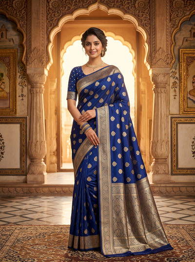 Navy Blue Banarasi Silk Saree with Golden Zari Butti Work, Traditional Woven Border & Rich Designer Pallu for Women
