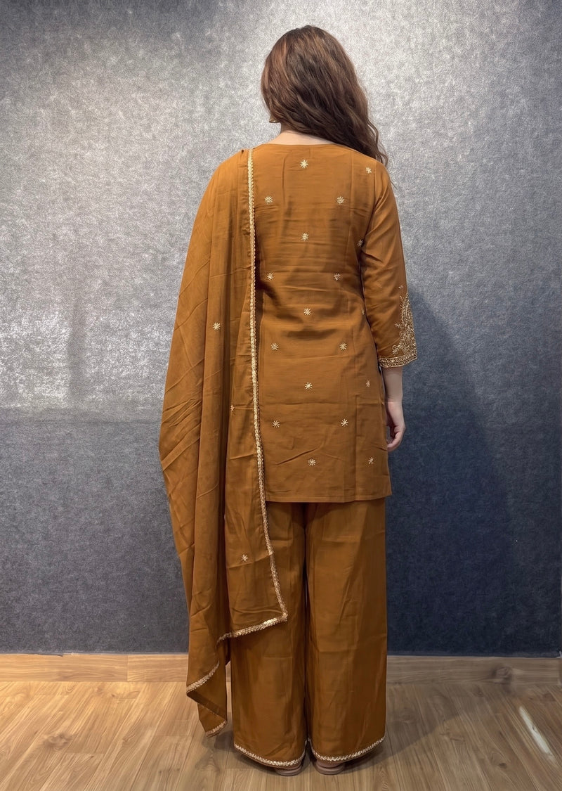 Caramel Brown Embroidered Kurta Set with Palazzo and Dupatta