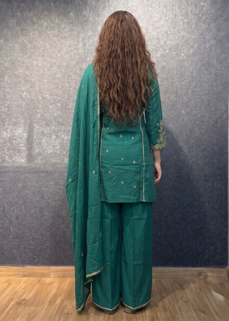 Emerald Green Embroidered Kurta Set with Palazzo and Dupatta