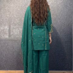 Emerald Green Embroidered Kurta Set with Palazzo and Dupatta