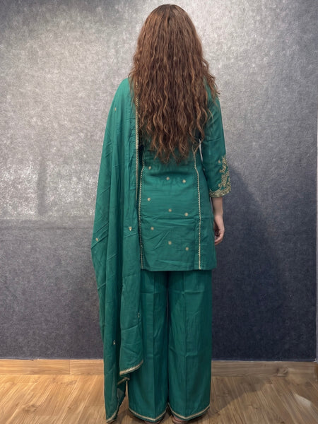 Emerald Green Embroidered Kurta Set with Palazzo and Dupatta