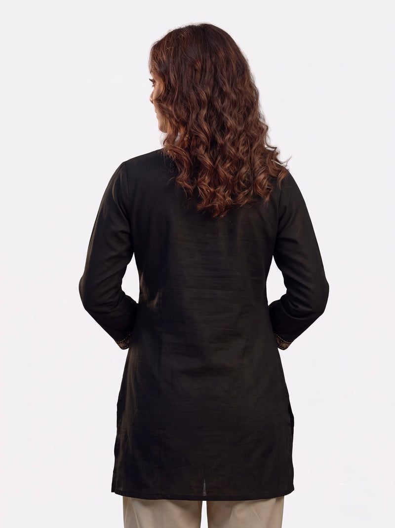 Black Kurta with Gold Zari Embroidery and Tassel Tie