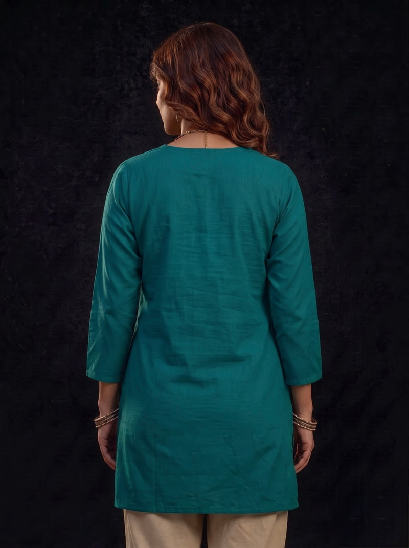 Teal Kurta with Gold Embroidery and Tassel Tie