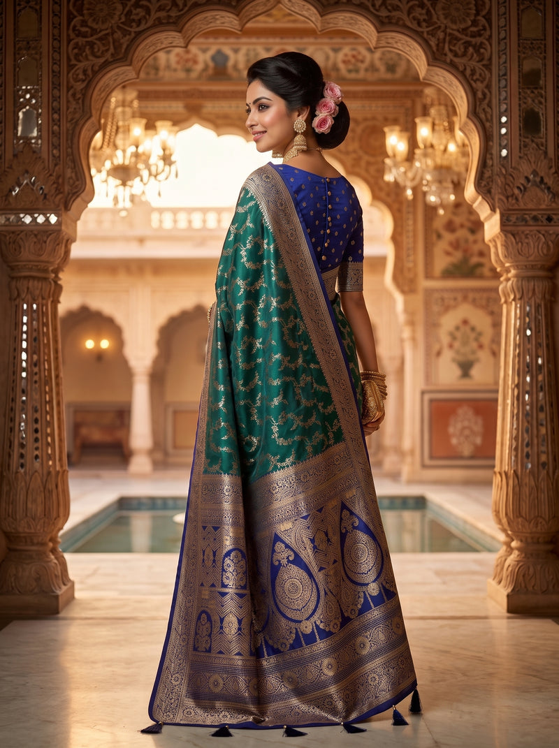 Royal Emerald Green Art Silk Banarasi Saree with Sapphire Blue Contrast Border & Pallu