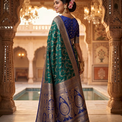 Royal Emerald Green Art Silk Banarasi Saree with Sapphire Blue Contrast Border & Pallu
