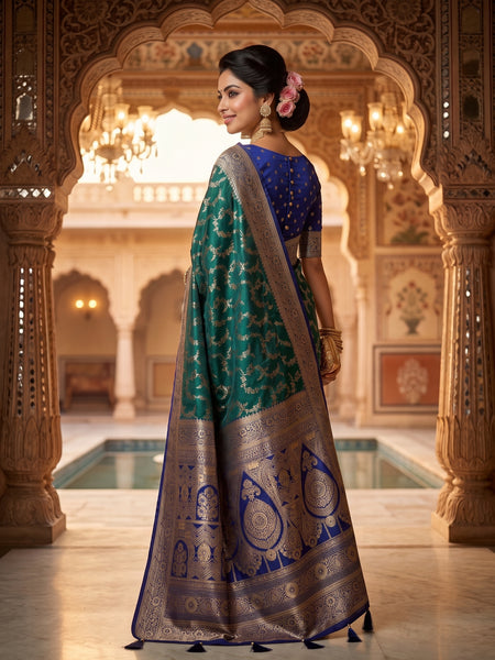 Royal Emerald Green Art Silk Banarasi Saree with Sapphire Blue Contrast Border & Pallu