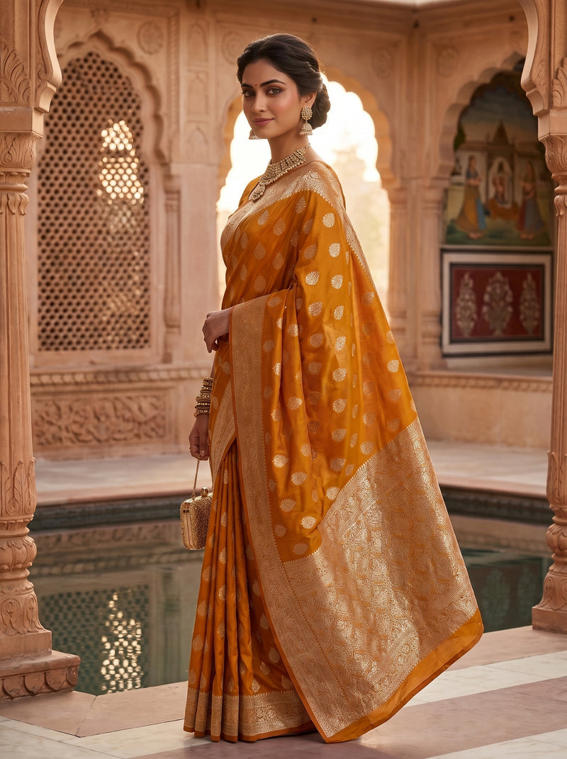 Mustard Yellow Banarasi Silk Saree with Golden Zari Butti Work, Woven Border & Traditional Designer Pallu for Women