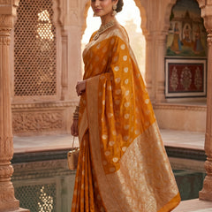 Mustard Yellow Banarasi Silk Saree with Golden Zari Butti Work, Woven Border & Traditional Designer Pallu for Women