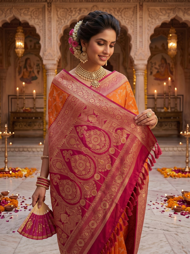 Radiant Orange Banarasi Silk Saree with Rich Magenta Contrast Border and Blouse