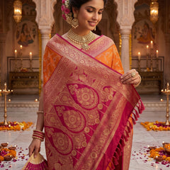 Radiant Orange Banarasi Silk Saree with Rich Magenta Contrast Border and Blouse