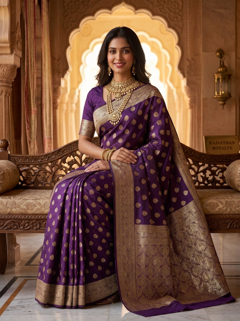 Royal Purple Banarasi Silk Saree with Golden Zari Butti Work, Woven Border & Rich Designer Pallu for Women