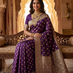 Royal Purple Banarasi Silk Saree with Golden Zari Butti Work, Woven Border & Rich Designer Pallu for Women