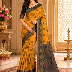Mustard Yellow And Teal Art Silk Premium And Fancy Design Saree With Blouse For Women