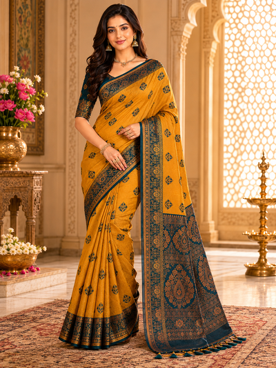 Mustard Yellow And Teal Art Silk Premium And Fancy Design Saree With Blouse For Women