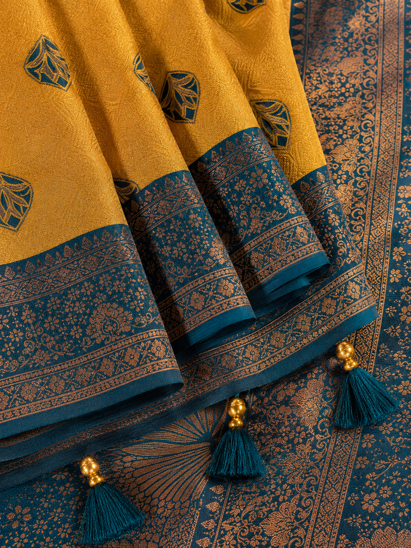 Mustard Yellow And Teal Art Silk Premium And Fancy Design Saree With Blouse For Women