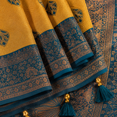 Mustard Yellow And Teal Art Silk Premium And Fancy Design Saree With Blouse For Women