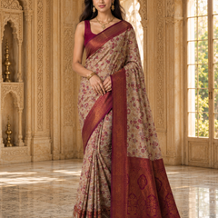 Chickoo & Maroon Jacquard Woven Saree with Rich Antique Gold Zari Border & Traditional Designer Pallu