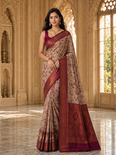 Chickoo & Maroon Jacquard Woven Saree with Rich Antique Gold Zari Border & Traditional Designer Pallu