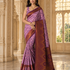 Women's Lavender Purple Jacquard Woven Saree with Rich Maroon & Antique Gold Zari Border and Designer Pallu