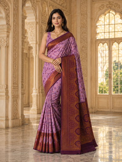 Women's Lavender Purple Jacquard Woven Saree with Rich Maroon & Antique Gold Zari Border and Designer Pallu