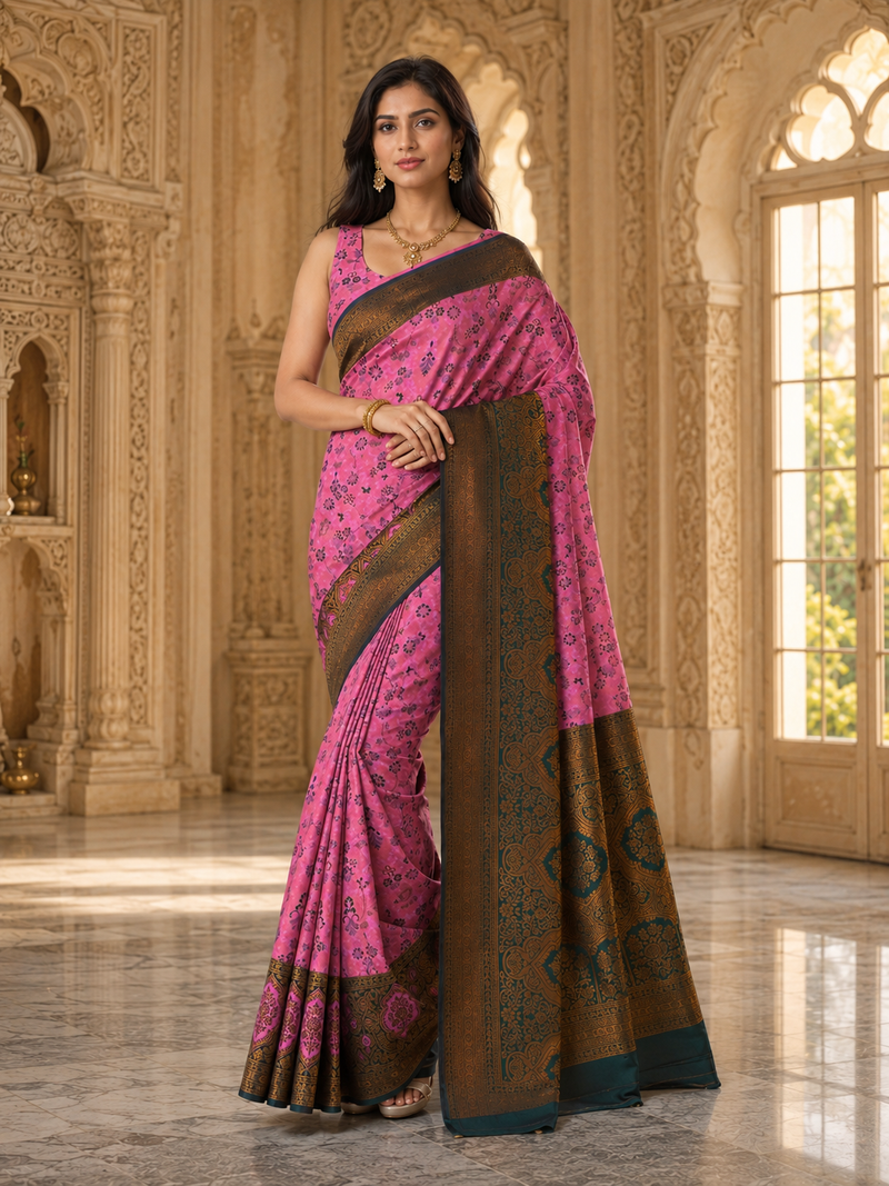 PinkAnd Green Art Silk Premium And Fancy Design Saree With Blouse For Women