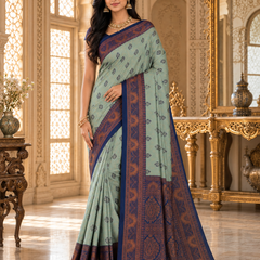 Sea Green & Navy Blue Jacquard Woven Saree with Rich Copper Zari Border & Designer Paisley Pallu