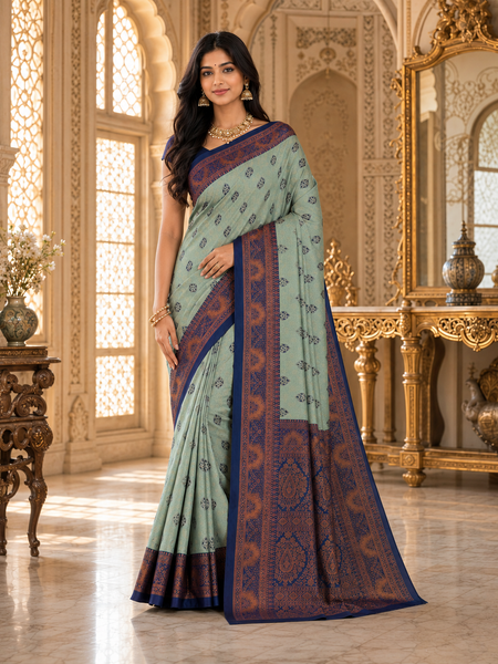 Sea Green & Navy Blue Jacquard Woven Saree with Rich Copper Zari Border & Designer Paisley Pallu