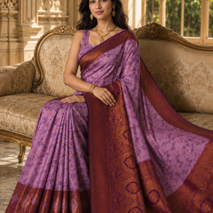 Women's Lavender Purple Jacquard Woven Saree with Rich Maroon & Antique Gold Zari Border and Designer Pallu
