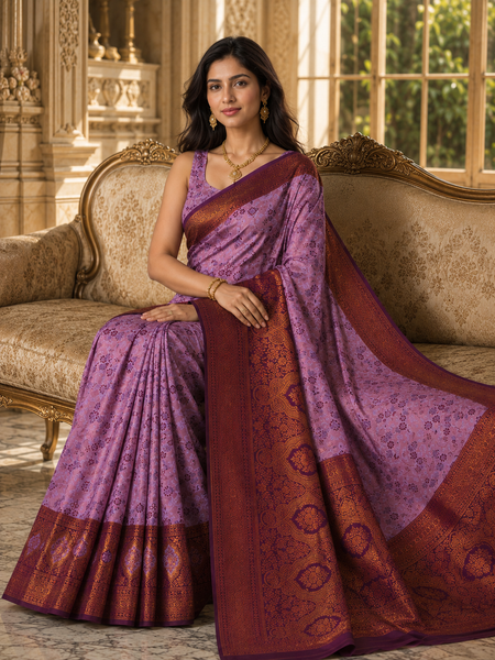 Women's Lavender Purple Jacquard Woven Saree with Rich Maroon & Antique Gold Zari Border and Designer Pallu