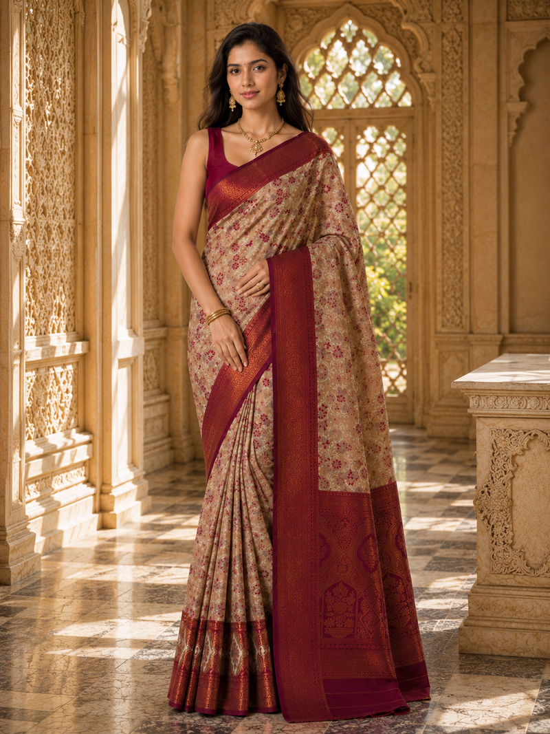 Chickoo & Maroon Jacquard Woven Saree with Rich Antique Gold Zari Border & Traditional Designer Pallu