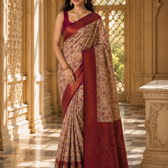 Chickoo & Maroon Jacquard Woven Saree with Rich Antique Gold Zari Border & Traditional Designer Pallu