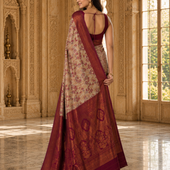 Chickoo & Maroon Jacquard Woven Saree with Rich Antique Gold Zari Border & Traditional Designer Pallu