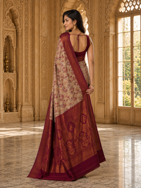 Chickoo & Maroon Jacquard Woven Saree with Rich Antique Gold Zari Border & Traditional Designer Pallu