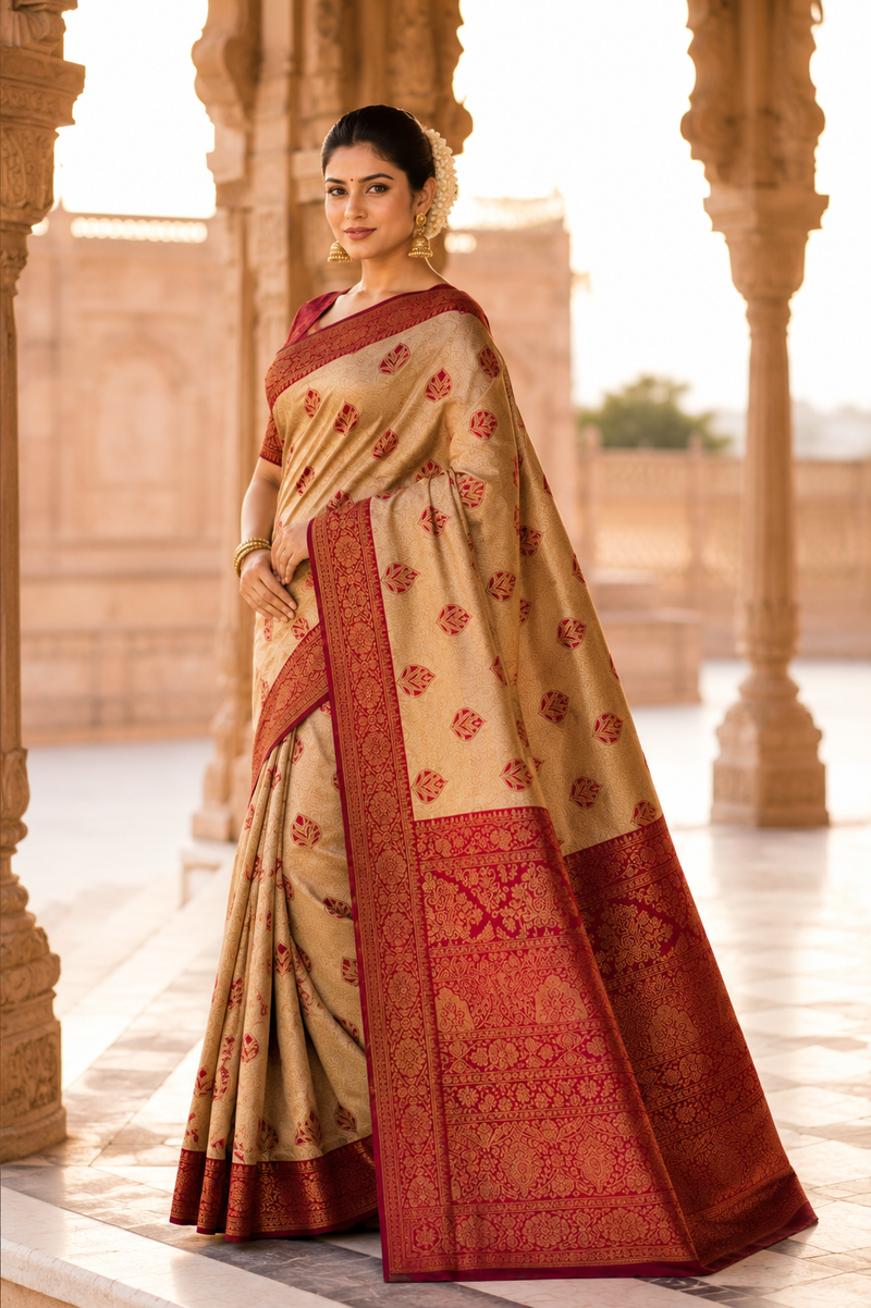 Beige & Maroon Jacquard Woven Saree with Rich Zari Border, Leaf Motifs & Traditional Designer Pallu